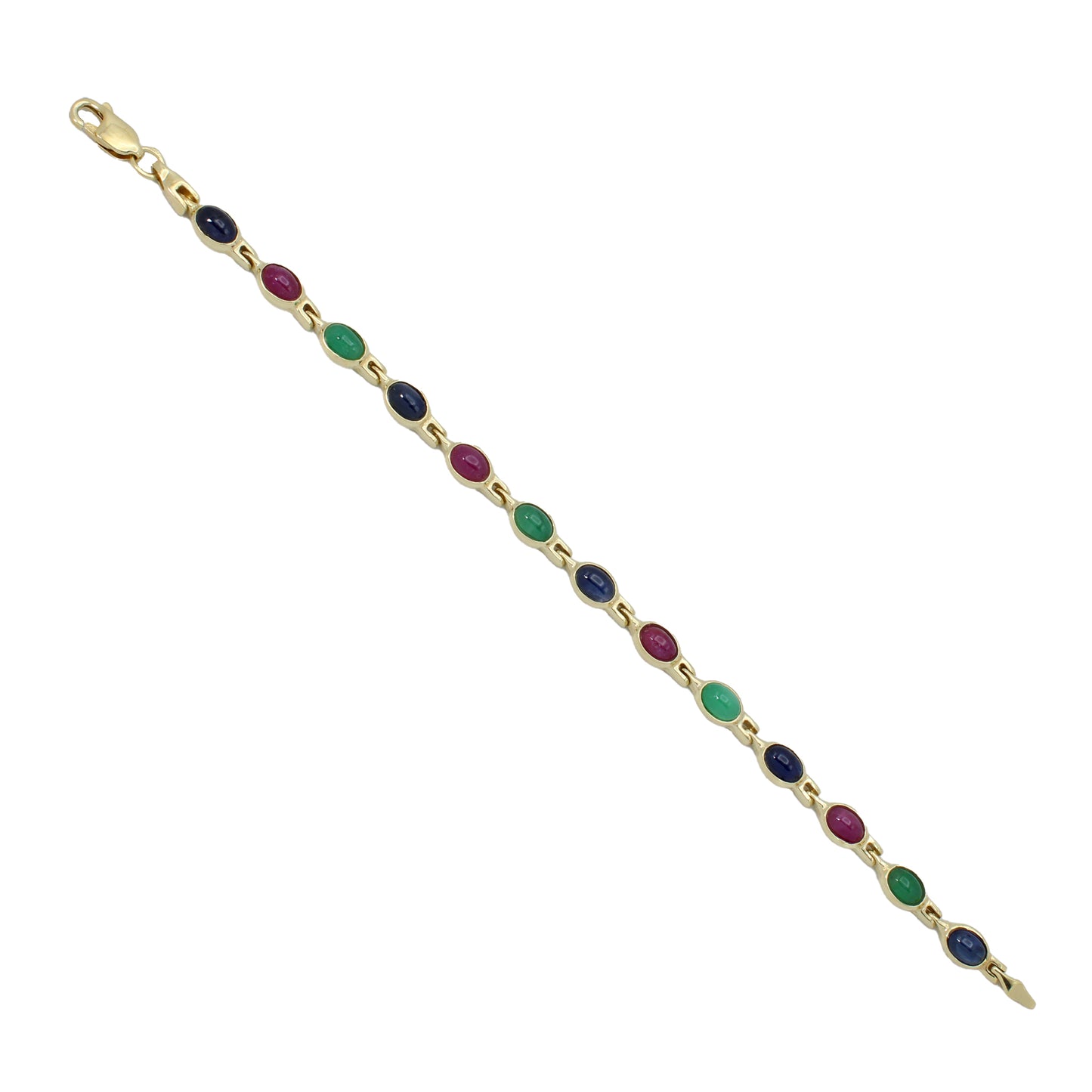 14k Yellow Gold Cabochon Colored Stone Bracelet w/ Rubies, Sapphires, and Emerald Stones
