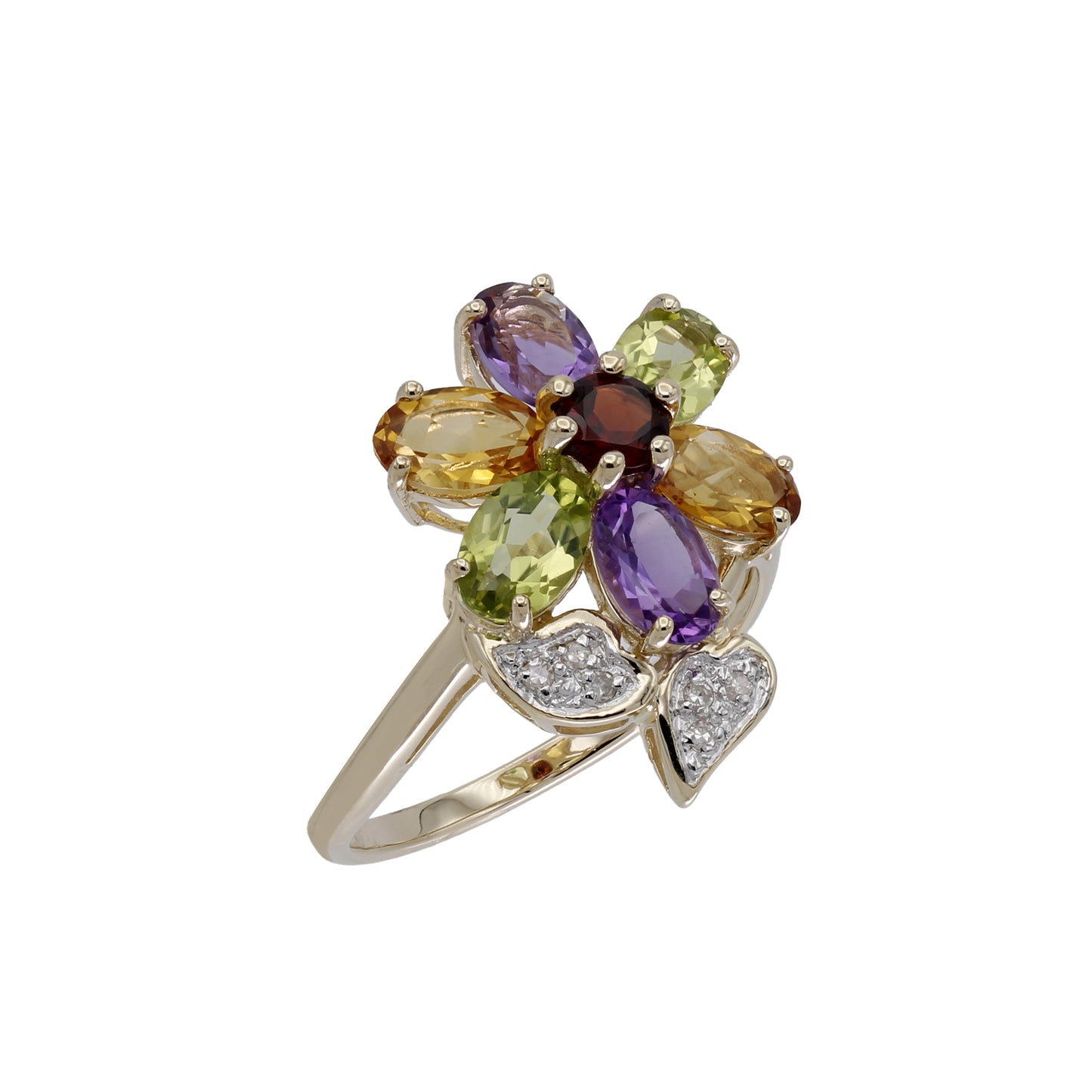 14k Yellow Gold Multi-Color Quartz Stones & Diamond Flower Ring