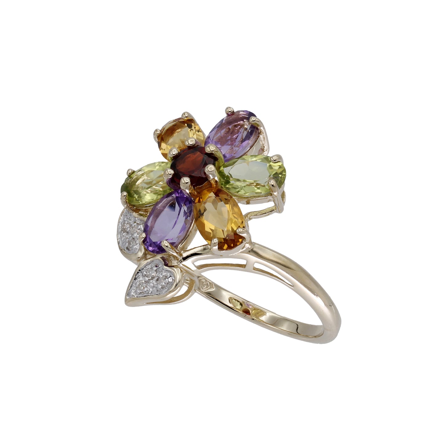 14k Yellow Gold Multi-Color Quartz Stones & Diamond Flower Ring