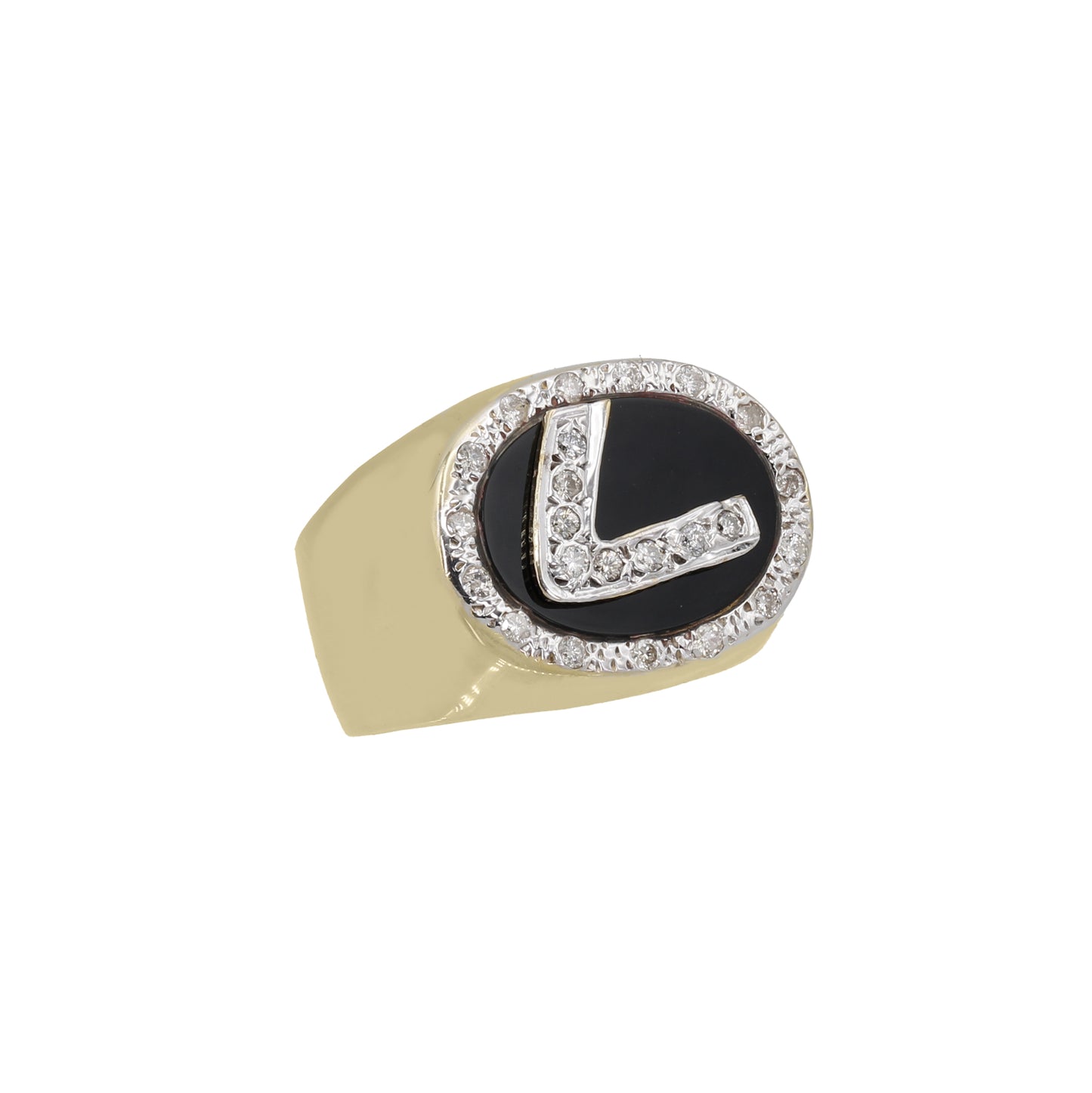 14k Yellow Gold Men's Onyx & Diamond "L" Initial Ring