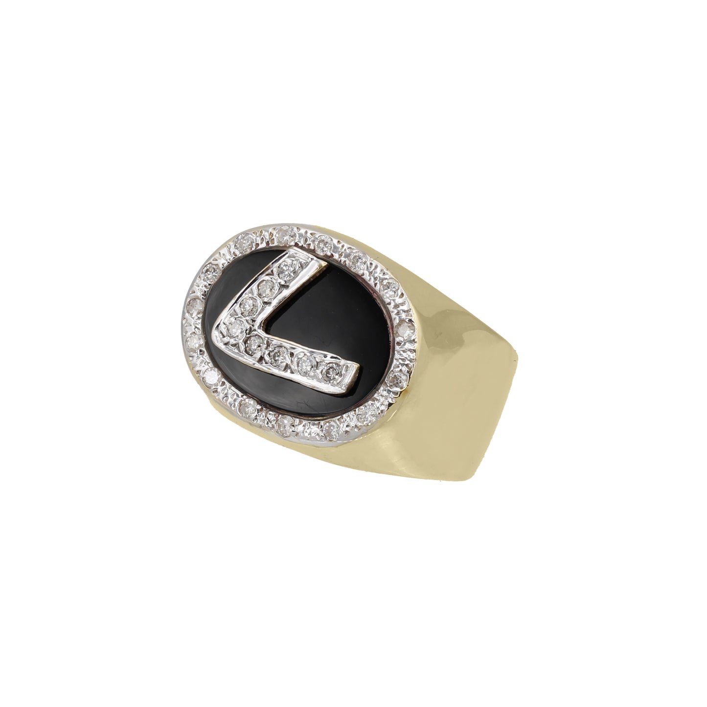 14k Yellow Gold Men's Onyx & Diamond "L" Initial Ring