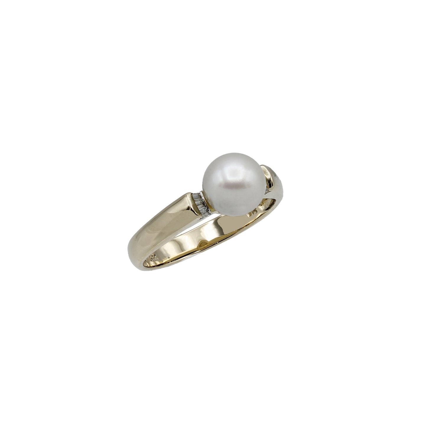 14k Yellow Gold Cultured Pearl & Baguette Diamond Ring