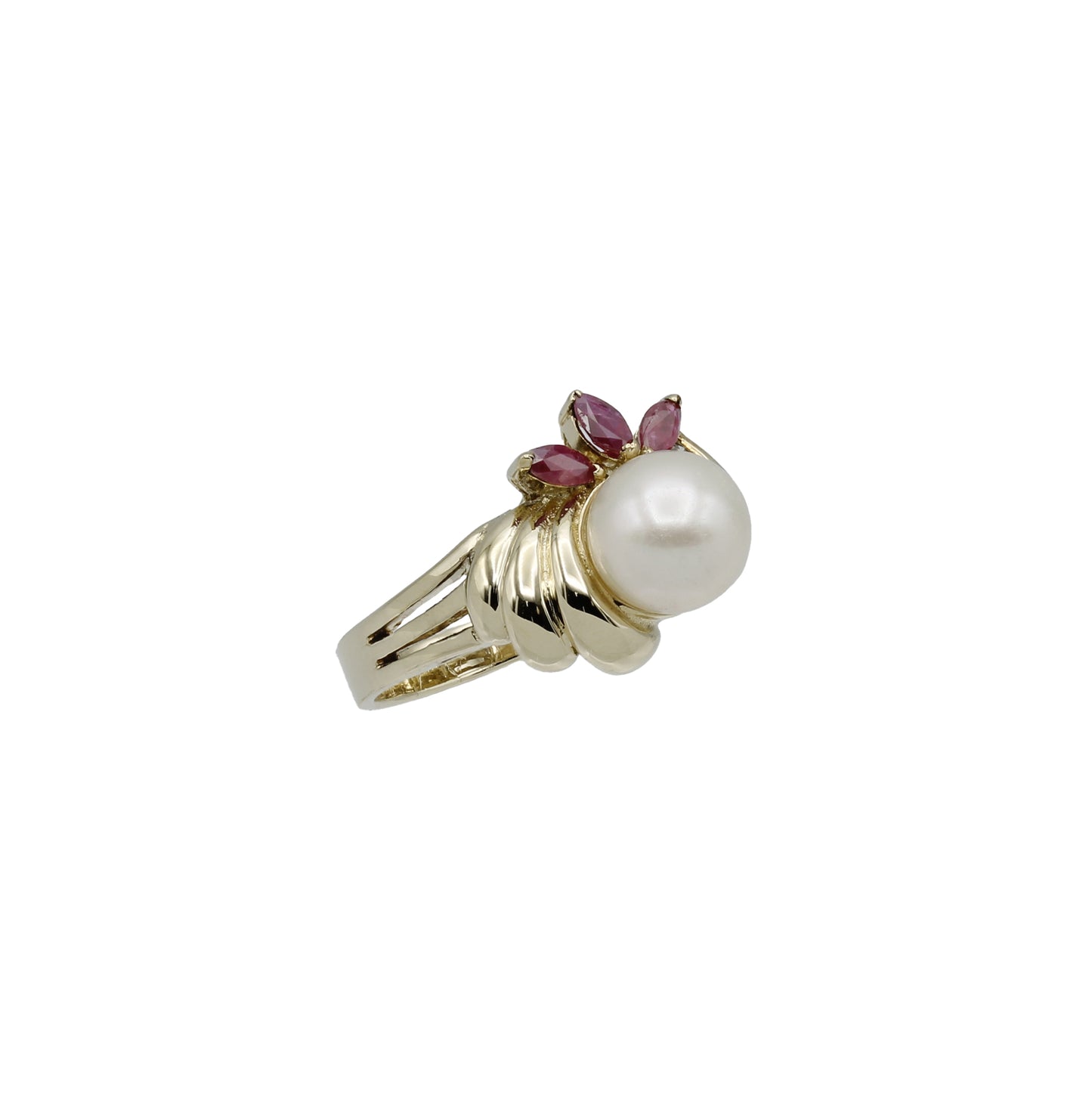 14k Yellow Gold Cultured Pearl, Diamond, & Ruby Ring