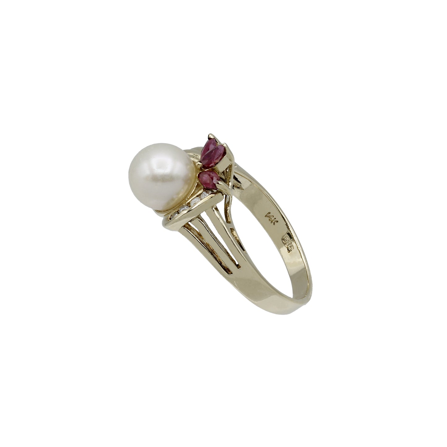 14k Yellow Gold Cultured Pearl, Diamond, & Ruby Ring