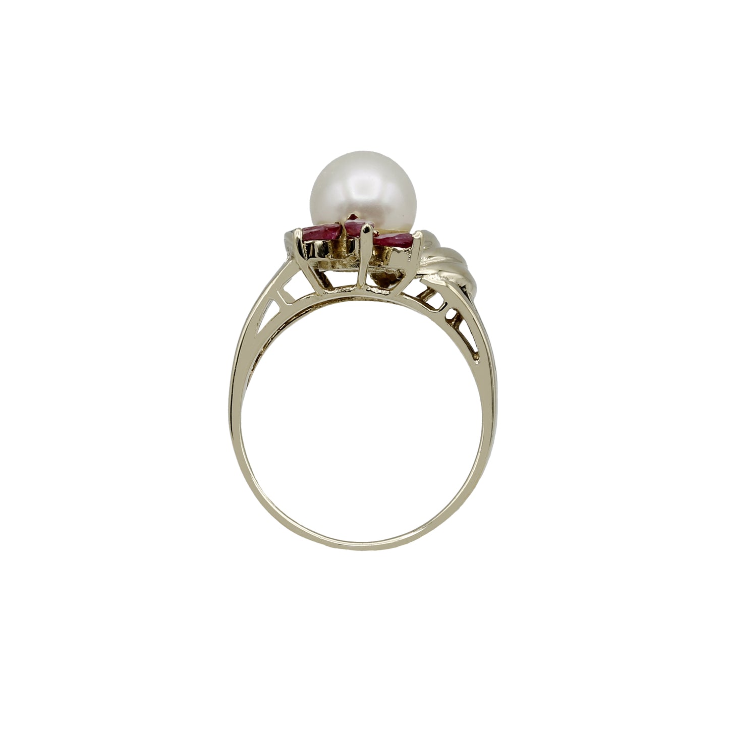 14k Yellow Gold Cultured Pearl, Diamond, & Ruby Ring