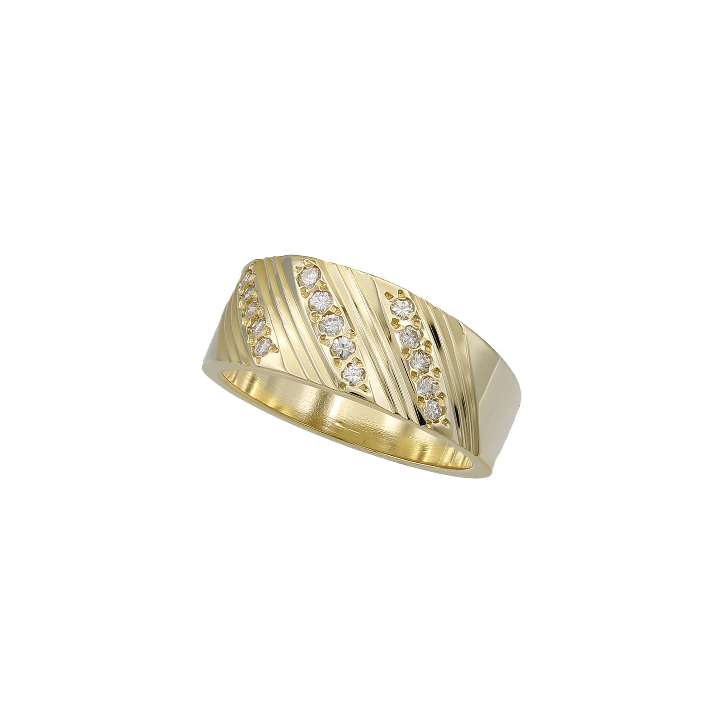 14k Yellow Gold Etched Pave Diamond Wedding Band