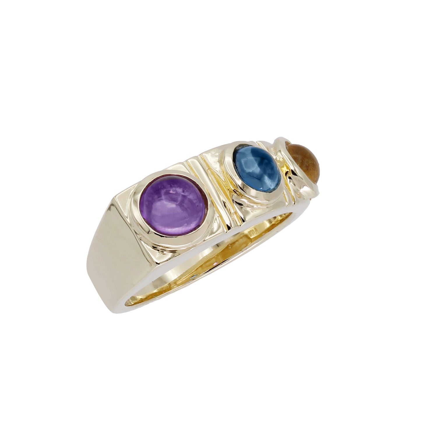 14k Yellow Gold Multi-Color Quartz 3-Stone Cabochon Ring