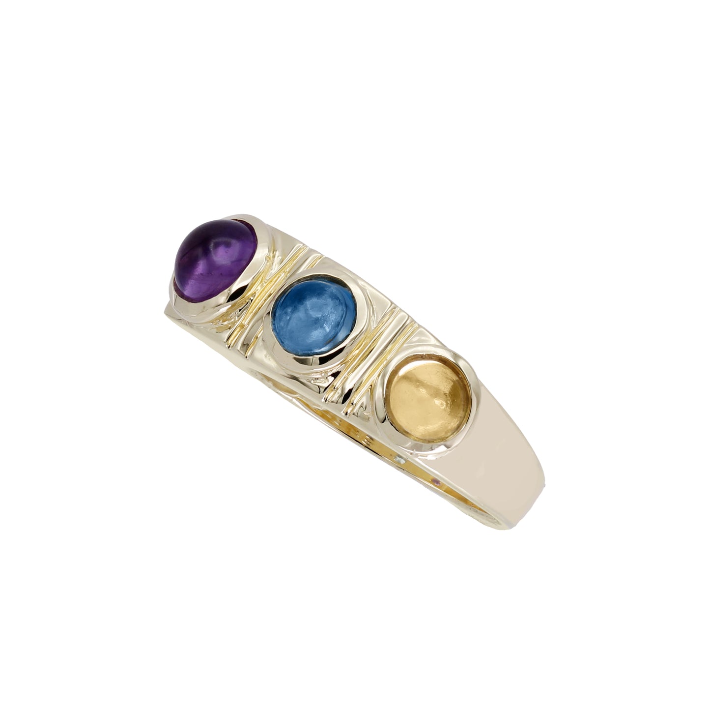 14k Yellow Gold Multi-Color Quartz 3-Stone Cabochon Ring