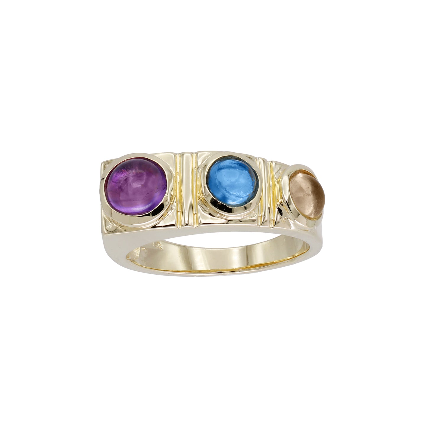 14k Yellow Gold Multi-Color Quartz 3-Stone Cabochon Ring