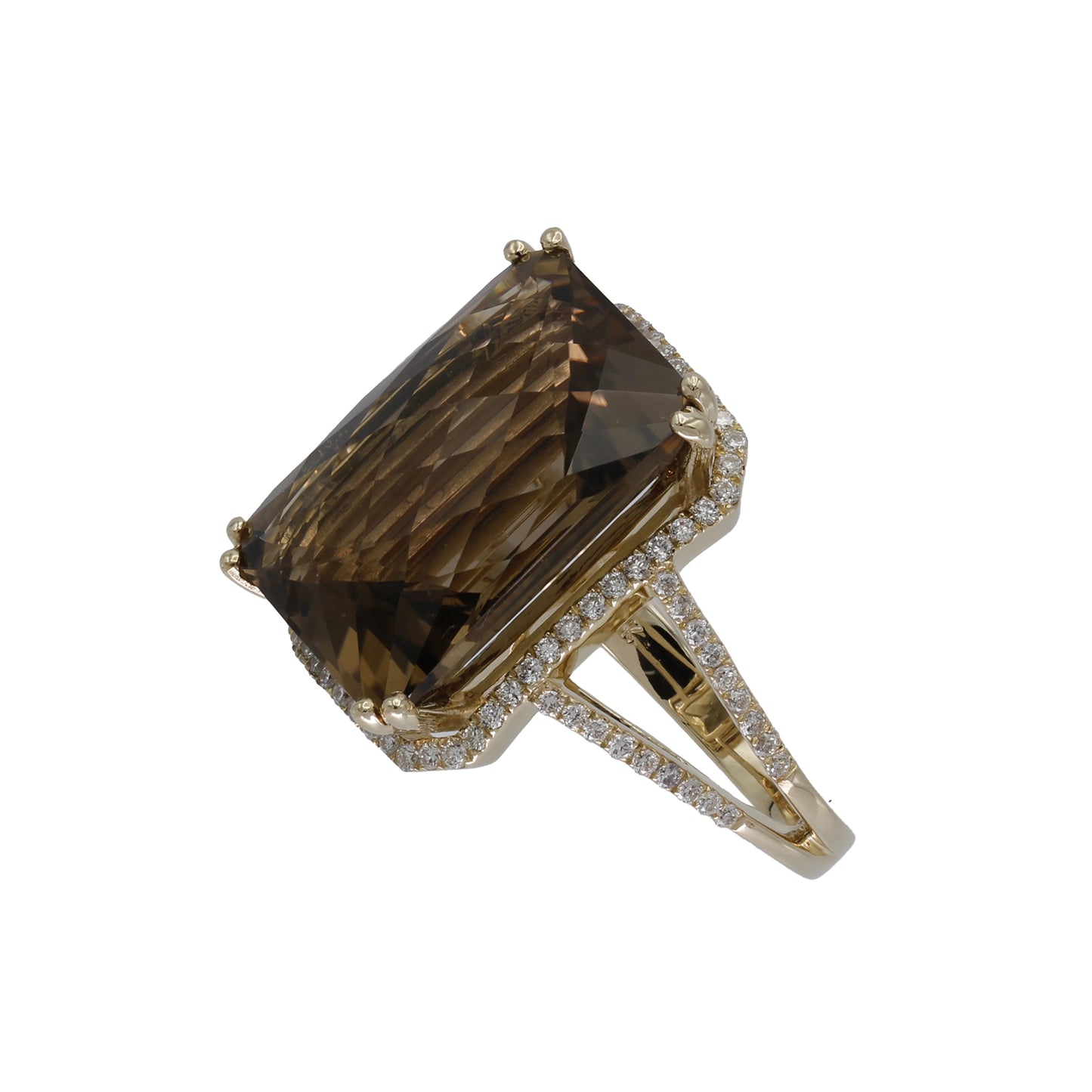 14k Yellow Gold Briolette-Cut Rectangle Shape Smoky Topaz Quartz & Diamond Ring