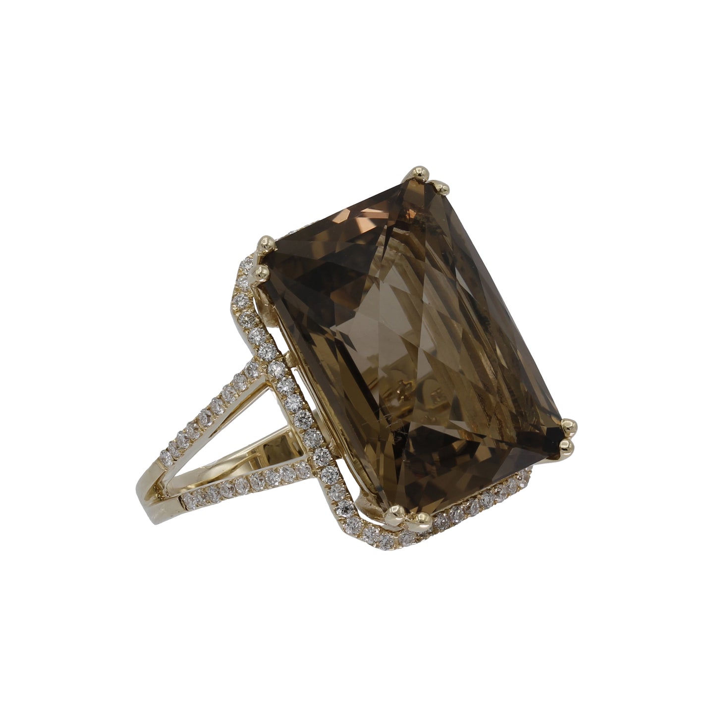 14k Yellow Gold Briolette-Cut Rectangle Shape Smoky Topaz Quartz & Diamond Ring