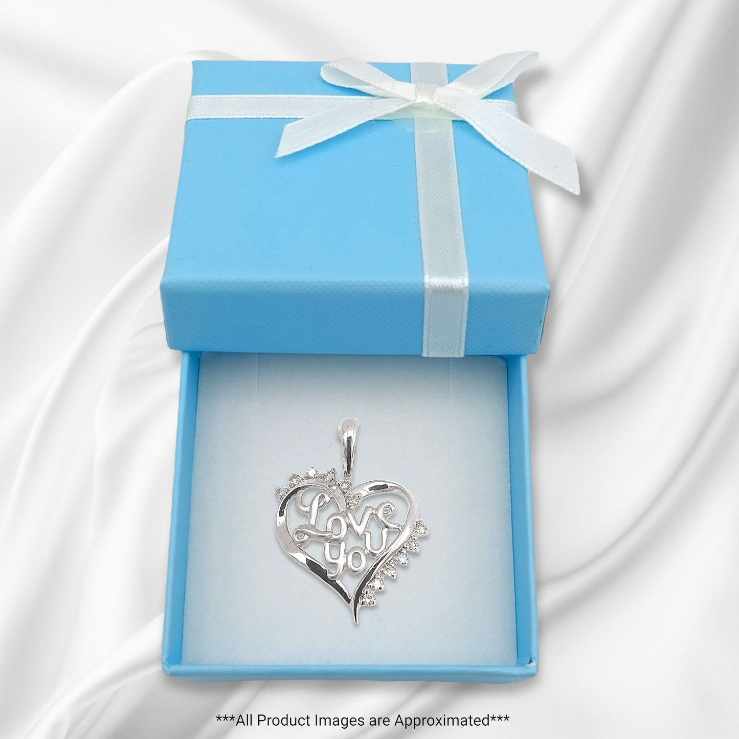 14k White Diamond Love You Heart Pendant