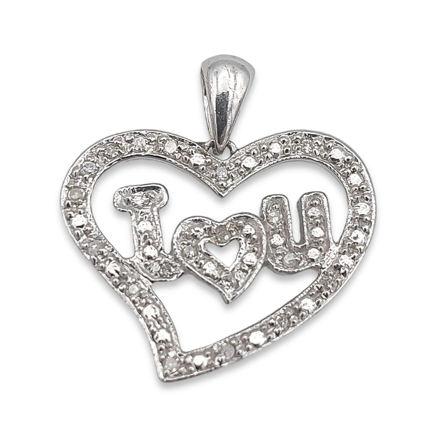 14k White Diamond I Love You Heart Pendant