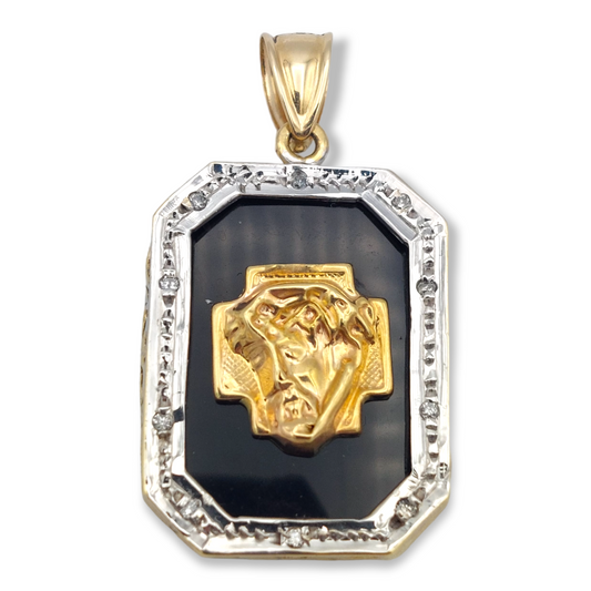 14k Two-Tone Onyx Diamond Bezel Christ Head Pendant