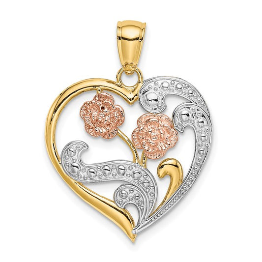 14k Tri-Color Flower Heart Charm