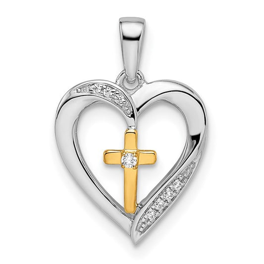 14k Two-Tone Diamond Heart w/ Cross Pendant