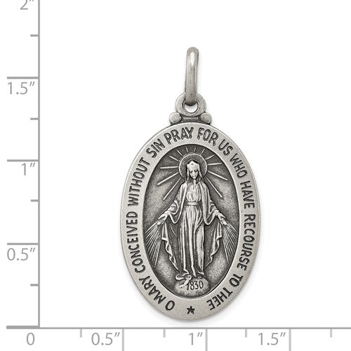 Sterling Silver Antiqued Miraculous Medallion - 34.5 x 21.1 mm