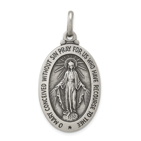 Sterling Silver Antiqued Miraculous Medallion - 34.5 x 21.1 mm