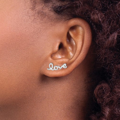 Sterling Silver Rhodium Plated LOVE Ear Climber Earrings