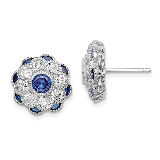 Sterling Silver CZ & Lab-Created Blue Spinel Post Earrings