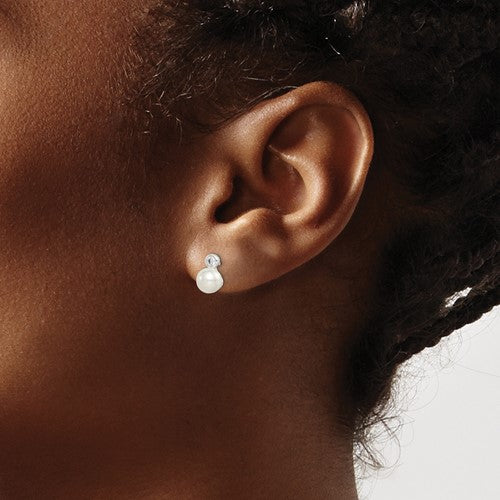 Sterling Silver Pearl & CZ Post Earrings