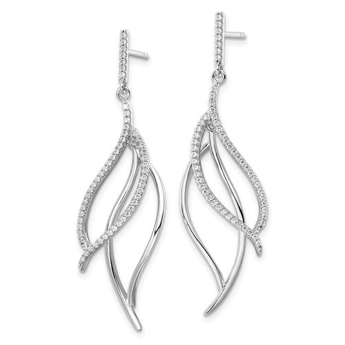 Sterling Silver CZ Dangle Leaf Post Earrings