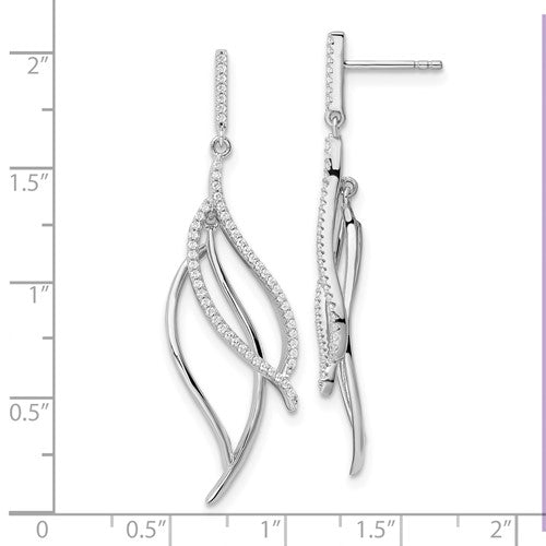 Sterling Silver CZ Dangle Leaf Post Earrings