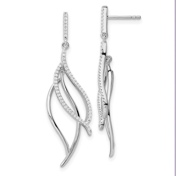 Sterling Silver CZ Dangle Leaf Post Earrings