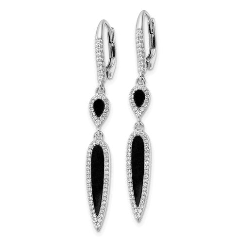 Sterling Silver CZ & Black Agate Lever-Back Earrings