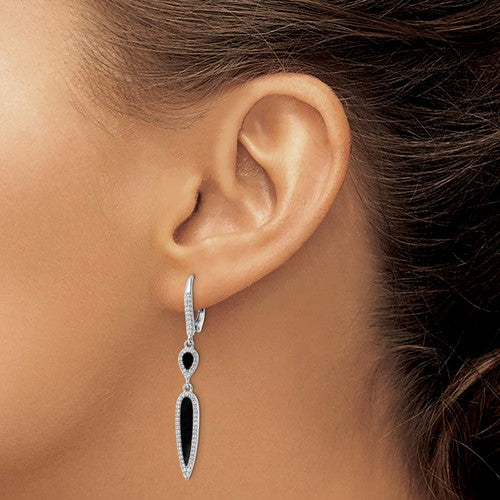 Sterling Silver CZ & Black Agate Lever-Back Earrings