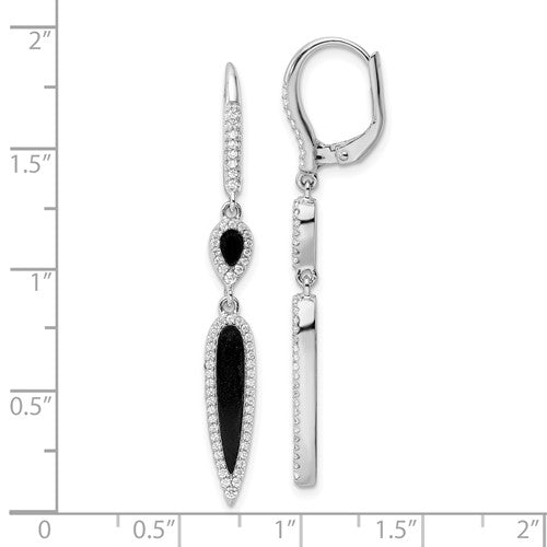 Sterling Silver CZ & Black Agate Lever-Back Earrings