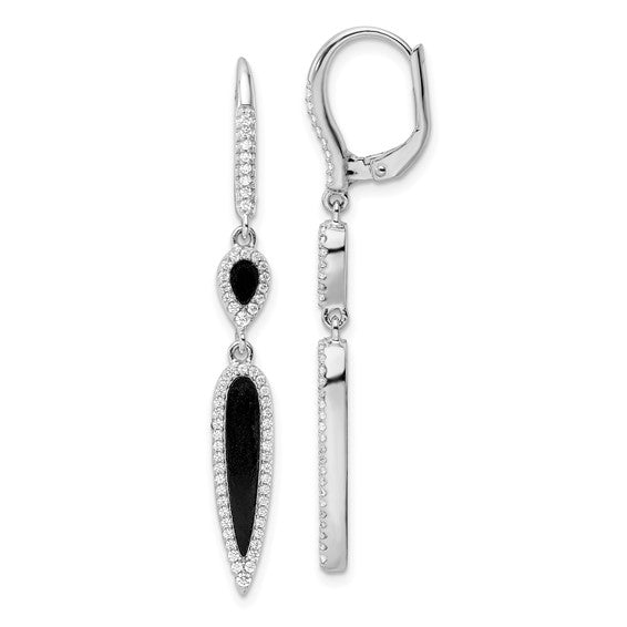 Sterling Silver CZ & Black Agate Lever-Back Earrings