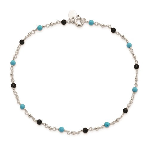 Sterling Silver Onyx & Turquoise Beaded Anklet