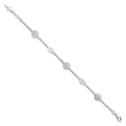 Sterling Silver Rhodium-Plated Cross & Angel Bracelet 7.5 Inches