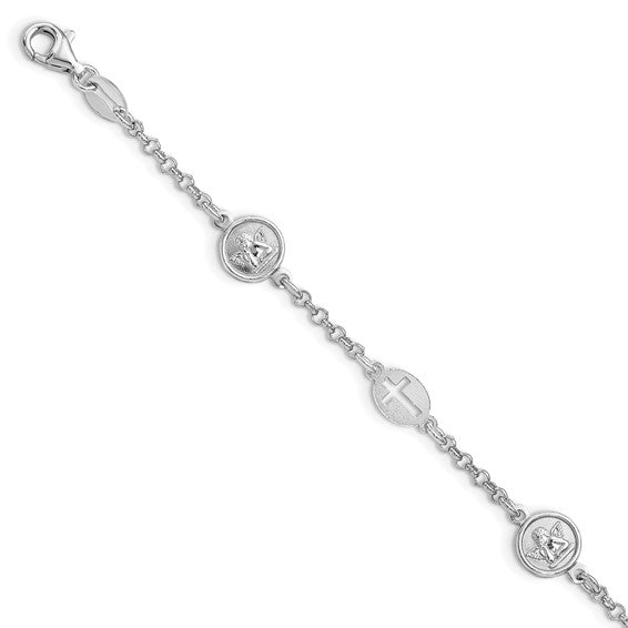Sterling Silver Rhodium-Plated Cross & Angel Bracelet 7.5 Inches