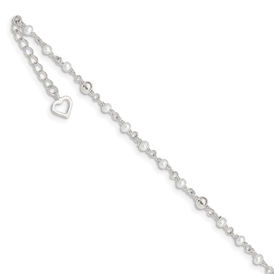 Sterling Silver Beaded Pearl & Heart Anklet