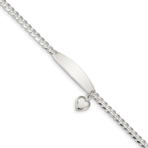 Sterling Silver Women's Cuban Link ID Bracelet with Heart Charm