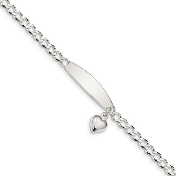 Sterling Silver Women's Cuban Link ID Bracelet with Heart Charm
