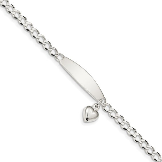 Sterling Silver Women's Cuban Link ID Bracelet with Heart Charm