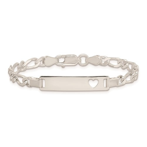 Sterling Silver Figaro Link Cut-Out Heart Children's ID Bracelet
