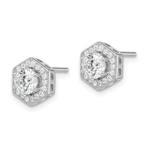 Sterling Silver Rhodium-Plated CZ Hexagon Halo Post Earrings