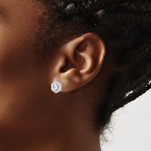 Sterling Silver Rhodium-Plated CZ Hexagon Halo Post Earrings