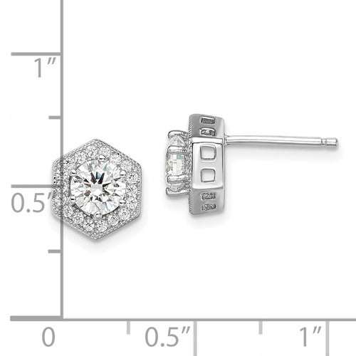 Sterling Silver Rhodium-Plated CZ Hexagon Halo Post Earrings