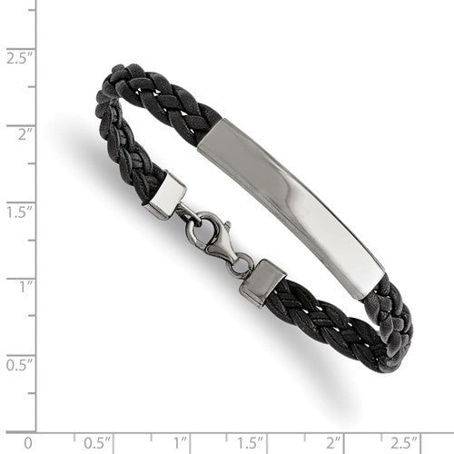 Stainless Steel Polished Black Braided Leather ID Bracelet