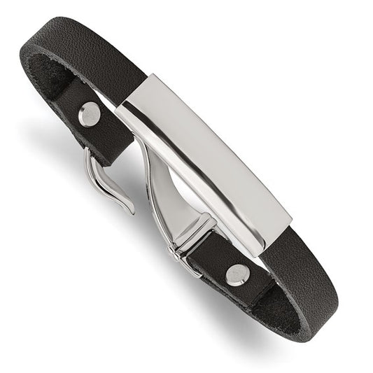 Stainless Steel Polished Black Leather ID Bracelet 8.5 Inches