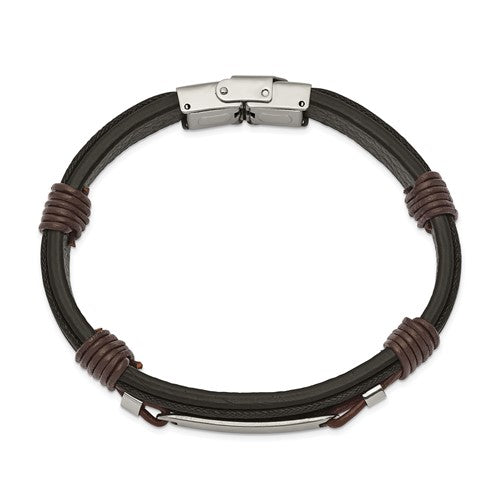 Stainless Steel Black & Brown Leather ID Bracelet