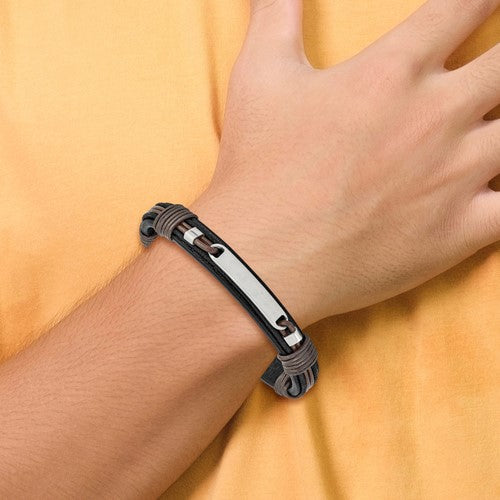 Stainless Steel Black & Brown Leather ID Bracelet
