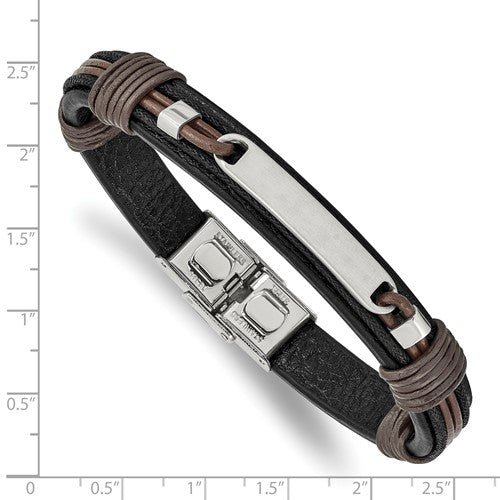 Stainless Steel Black & Brown Leather ID Bracelet