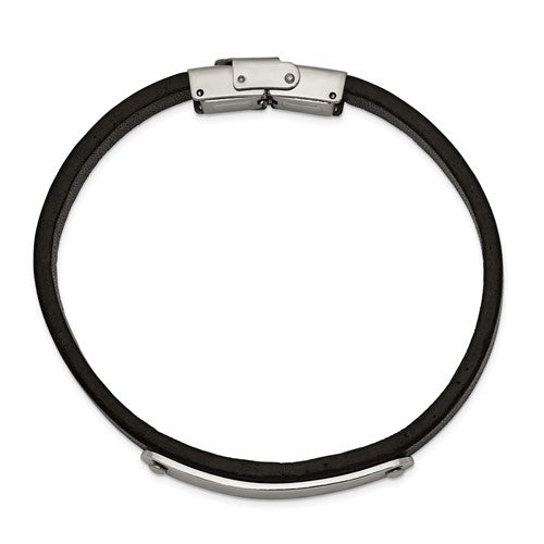 Stainless Steel Polished Black Leather ID Bracelet 8.5 Inches