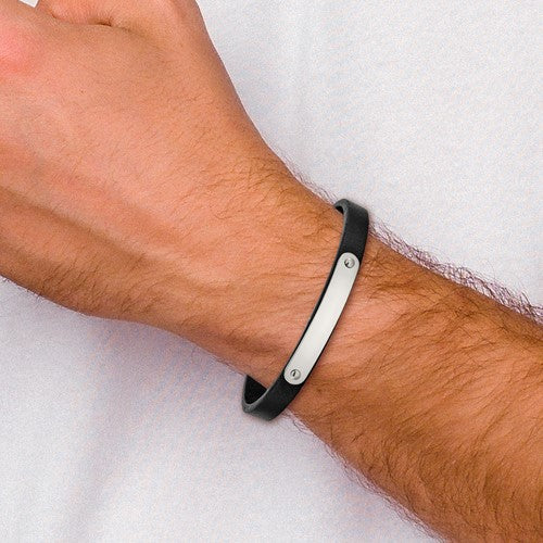 Stainless Steel Polished Black Leather ID Bracelet 8.5 Inches